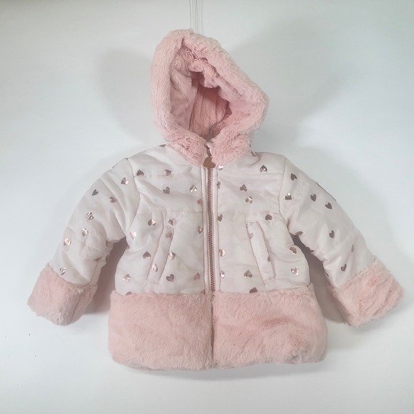 Betsey Johnson Baby Girl 18M Winter Coat Pink Faux Fur Heart Puffer Jacket - Picture 1 of 8